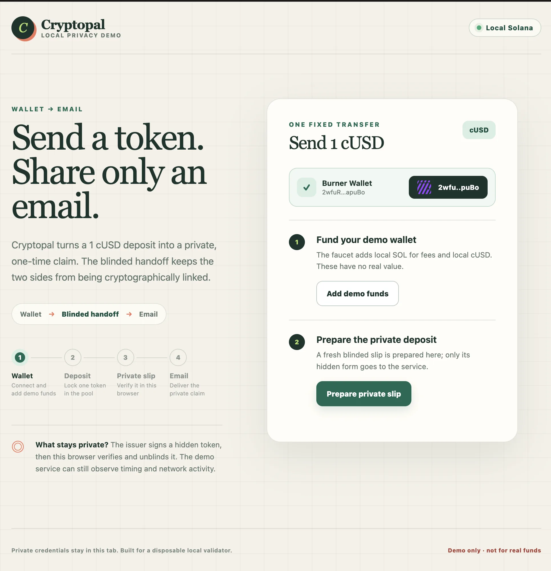 CryptoPal local demo showing a one cUSD wallet-to-email transfer and its four-step progress rail